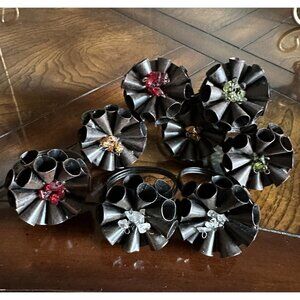 Metal Floral Napkin‎ Ring Holders Brown w Multicolor Center Beads 3" Lot of 8